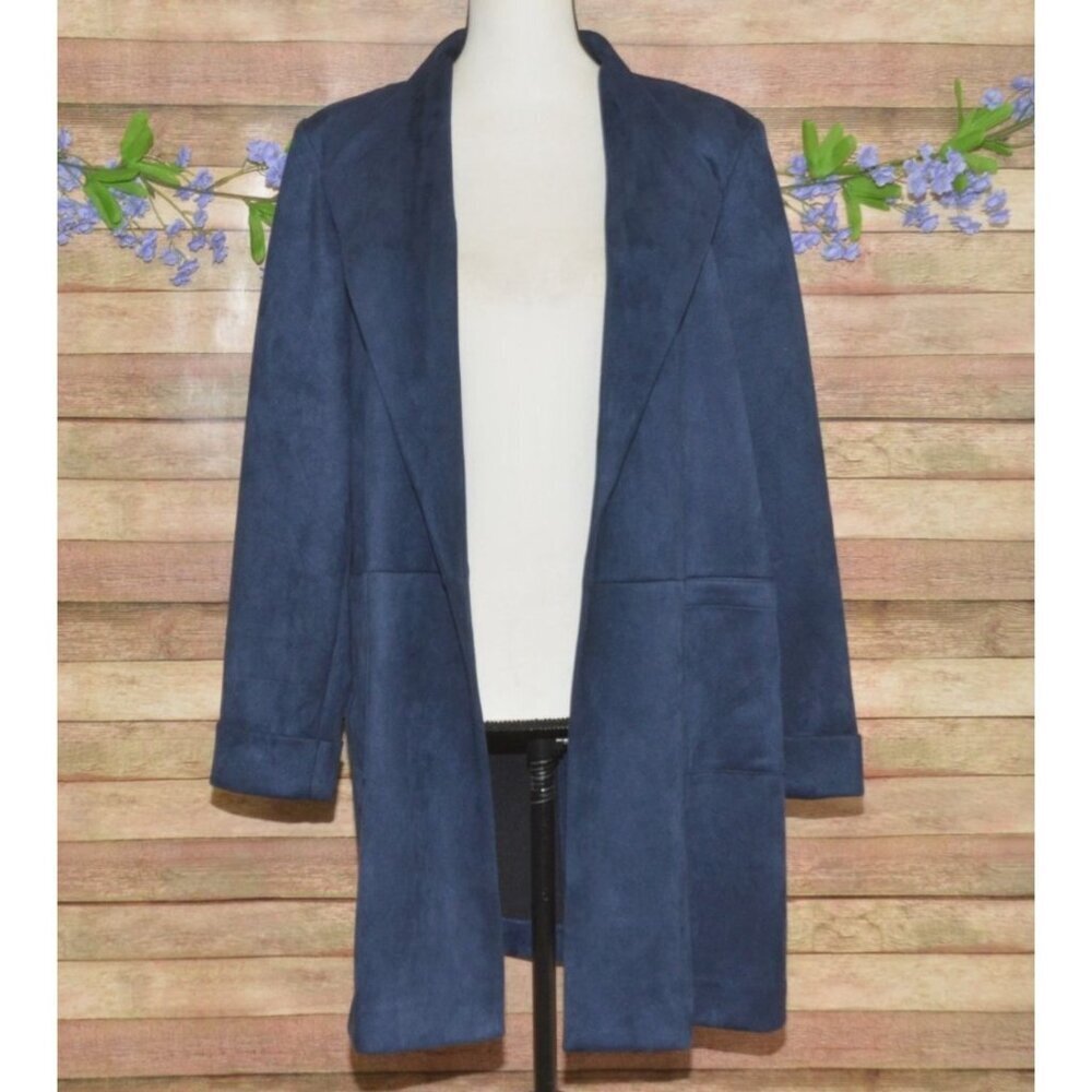 Dressbarn Ladies Blue Faux Suede Open Front Trench Coat Jacket Size L Warm Chic